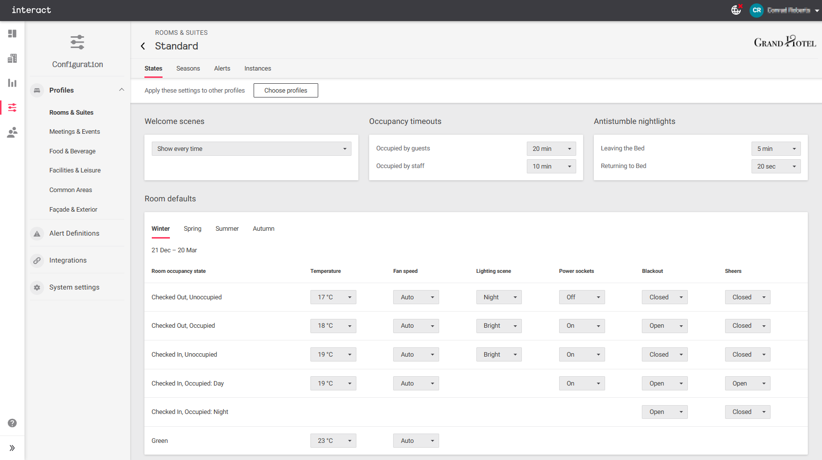 iah config room settings