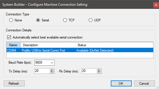 sb machine connection settings serial