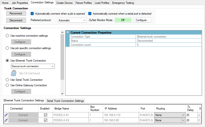 sb connection settings ethernet trunk disconnected